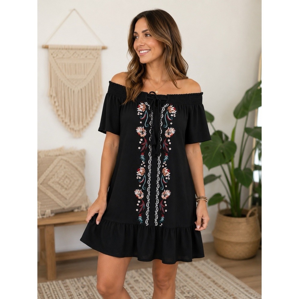 Love Fire XS Black Off Shoulder Embroidered Boho Mini Dress Floral Ruffle Hem
